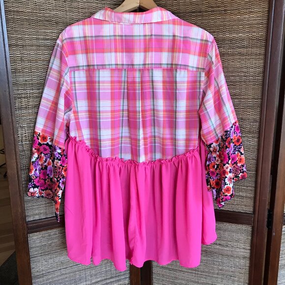 Handmade Upcycled Boho Tunic, Size Large: Pink Ruffled Patchwork Top - Picture 12 of 13